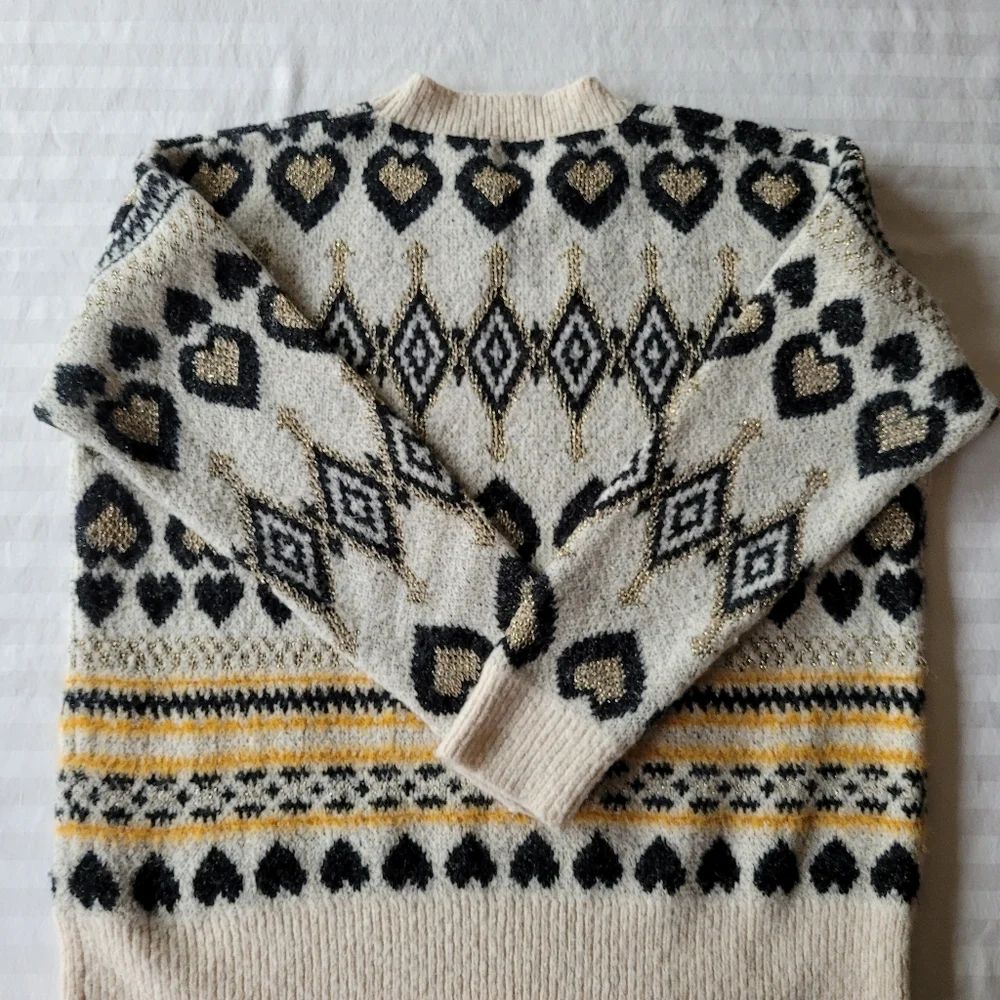 ANDTHEWHY Women's Patterned Sweater - Cream, Black, Gold Size S/M